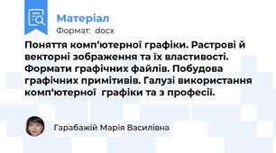 Поняття комп’ютерної графіки. Растрові й векторні зображення та їх властивості. Формати графічних файлів. Побудова графічних примітивів. Галузі використання комп‘ютерної  графіки та з професії.