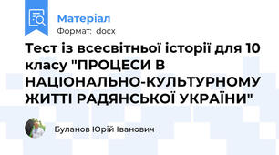 Тест із всесвітньої історії для 10 класу "ПРОЦЕСИ В НАЦІОНАЛЬНО-КУЛЬТУРНОМУ ЖИТТІ РАДЯНСЬКОЇ УКРАЇНИ"