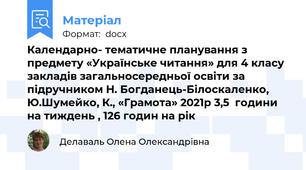 Календарно- тематичне планування з  предмету «Українське читання» для 4 класу закладів загальносередньої освіти за підручником Н. Богданець-Білоскаленко, Ю.Шумейко, К., «Грамота» 2021р 3,5  години на тиждень , 126 годин на рік
