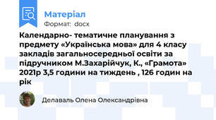 Календарно- тематичне планування з  предмету «Українська мова» для 4 класу закладів загальносередньої освіти за підручником М.Захарійчук, К., «Грамота» 2021р 3,5 години на тиждень , 126 годин на рік