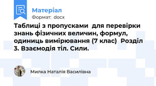 Таблиці з пропусками  для перевірки знань фізичних величин, формул, одиниць вимірювання (7 клас)  Розділ 3. Взаємодія тіл. Сили.
