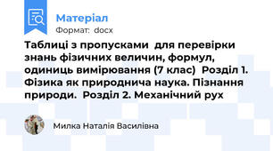 Таблиці з пропусками  для перевірки знань фізичних величин, формул, одиниць вимірювання (7 клас)  Розділ 1. Фізика як природнича наука. Пізнання природи.  Розділ 2. Механічний рух