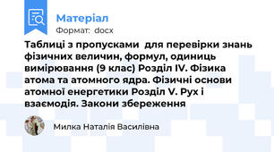 Таблиці з пропусками  для перевірки знань фізичних величин, формул, одиниць вимірювання (9 клас) Розділ IV. Фізика атома та атомного ядра. Фізичні основи атомної енергетики Розділ V. Рух і взаємодія. Закони збереження