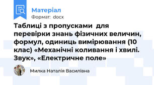 Таблиці з пропусками  для перевірки знань фізичних величин, формул, одиниць вимірювання (10 клас) «Механічні коливання і хвилі. Звук», «Електричне поле»