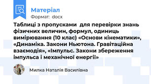 Таблиці з пропусками  для перевірки знань фізичних величин, формул, одиниць вимірювання (10 клас) «Основи кінематики», «Динаміка. Закони Ньютона. Гравітаційна  взаємодія», «Імпульс. Закони збереження імпульса і механічної енергії»