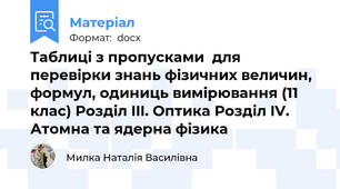 Таблиці з пропусками  для перевірки знань фізичних величин, формул, одиниць вимірювання (11 клас) Розділ III. Оптика Розділ IV. Атомна та ядерна фізика