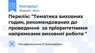 Перелік: "Тематика виховних годин, рекомендованих до проведення  за пріоритетними напрямками виховної роботи "