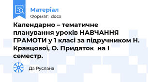 Календарно – тематичне планування уроків НАВЧАННЯ ГРАМОТИ у 1 класі за підручником Н. Кравцової, О. Придаток  на І семестр.