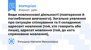 Види мовленнєвої діяльності (повторення й поглиблення вивченого). Загальне уявлення про ситуацію спілкування та її складники: адресант мовлення (той, хто говорить або пише), адресат мовлення (той, до кого спрямоване мовлення),