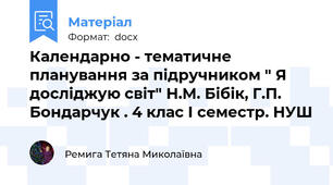 Календарно - тематичне планування за підручником " Я досліджую світ" Н.М. Бібік, Г.П. Бондарчук . 4 клас І семестр. НУШ