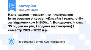Календарно – тематичне  планування інтегрованого курсу   «Дизайн і технології» за підручником Н.Бібік, Г. Бондарчук 4 клас ( 35 годин на рік, 1 година на тиждень) І семестр 2021 – 2022 н.р.