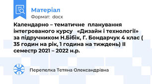 Календарно – тематичне  планування інтегрованого курсу   «Дизайн і технології» за підручником Н.Бібік, Г. Бондарчук 4 клас ( 35 годин на рік, 1 година на тиждень) ІІ семестр 2021 – 2022 н.р.