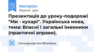 Презентація до уроку-подорожі "Ми - кухарі". Українська мова, тема: Власні і загальні іменники (практичні вправи).