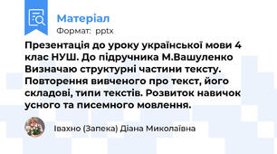 Презентація до уроку української мови 4 клас НУШ. До підручника М.Вашуленко Визначаю структурні частини тексту. Повторення вивченого про текст, його складові, типи текстів. Розвиток навичок усного та писемного мовлення.