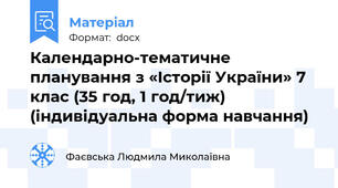Календарно-тематичне планування з «Історії України» 7 клас (35 год, 1 год/тиж) (індивідуальна форма навчання)