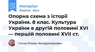 Опорна схема з історії України. 8 клас. Культура України в другій половині ХVI — першій половині ХVII ст.