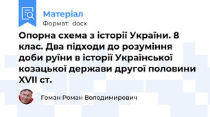 Опорна схема з історії України. 8 клас. Два підходи до розуміння доби руїни в історії Української козацької держави другої половини XVII ст.