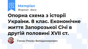 Опорна схема з історії України. 8 клас. Економічне життя Запорозької Січі в другій половині ХVII ст.