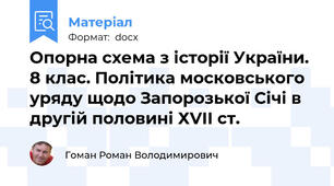 Опорна схема з історії України. 8 клас. Політика московського уряду щодо Запорозької Січі в другій половині ХVII ст.