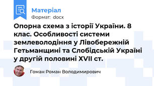 Опорна схема з історії України. 8 клас. Особливості системи землеволодіння у Лівобережній Гетьманщині та Слобідській Україні у другій половині ХVII ст.