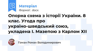 Опорна схема з історії України. 8 клас. Угода про україно-шведський союз, укладена І. Мазепою з Карлом ХIІ