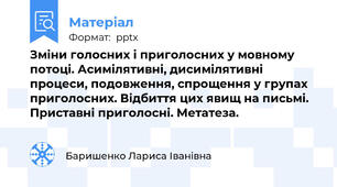 Зміни голосних і приголосних у мовному потоці. Асимілятивні, дисимілятивні процеси, подовження, спрощення у групах приголосних. Відбиття цих явищ на письмі. Приставні приголосні. Метатеза.