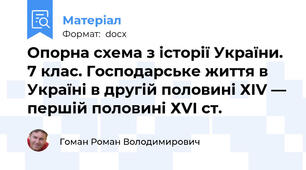 Опорна схема з історії України. 7 клас. Господарське життя в Україні в другій половині ХIV — першій половині ХVI ст.