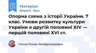 Опорна схема з історії України. 7 клас. Умови розвитку культури України в другій половині ХIV — першій половині ХVI ст.