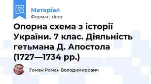 Опорна схема з історії України. 7 клас. Діяльність гетьмана Д. Апостола (1727—1734 рр.)