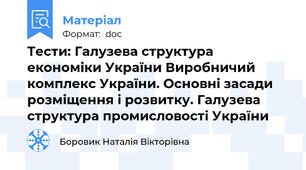 Тести: Галузева структура економіки України Виробничий комплекс України. Основні засади розміщення і розвитку. Галузева структура промисловості України