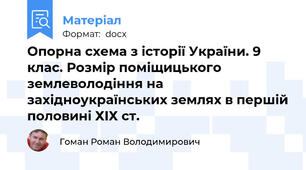 Опорна схема з історії України. 9 клас. Розмір поміщицького землеволодіння на західноукраїнських землях в першій половині ХIХ ст.