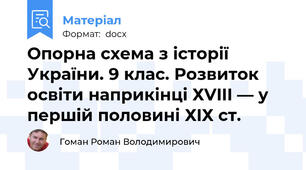 Опорна схема з історії України. 9 клас. Розвиток освіти наприкінці ХVIII — у першій половині ХIХ ст.