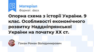 Опорна схема з історії України. 9 клас. Особливості економічного розвитку Наддніпрянської України на початку ХХ ст.