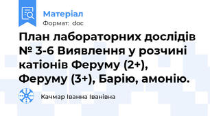 План лабораторних дослідів № 3-6 Виявлення у розчині катіонів Феруму (2+), Феруму (3+), Барію, амонію.