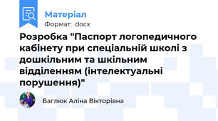 Розробка "Паспорт логопедичного кабінету при спеціальній школі з дошкільним та шкільним відділенням (інтелектуальні порушення)"