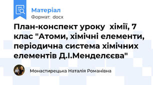 План-конспект уроку  хімії, 7 клас "Атоми, хімічні елементи, періодична система хімічних елементів Д.І.Менделєєва"