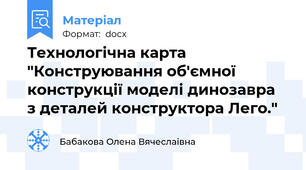 Технологічна карта "Конструювання об'ємної конструкції моделі динозавра  з деталей конструктора Лего."