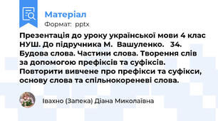 Презентація до уроку української мови 4 клас НУШ. До підручника М.  Вашуленко.   34. Будова слова. Частини слова. Творення слів за допомогою префіксів та суфіксів. Повторити вивчене про префікси та суфікси, основу слова та спільнокореневі слова.