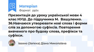 Презентація до уроку української мови 4 клас НУШ. До підручника М.  Вашуленко.  36.Навчаюся утворювати нові слова і форми слів за допомогою суфіксів. Повторення вивченого про будову слова, префікси та суфікси.
