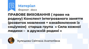 ПРАВОВЕ ВИХОВАННЯ ( право на родину) Конспект інтегрованого заняття  (розвиток мовлення + ознайомлення із соціумом)  старша група  « Сила кожної людини –  в дружній родині »