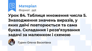 Урок 84. Таблиця множення числа 5. Знаходження значень виразів, у яких двічі повторюється та сама буква. Складання і розв’язування задачі за малюнком і схемою