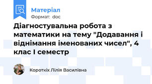 Діагностувальна робота з математики на тему "Додавання і віднімання іменованих чисел", 4 клас І семестр
