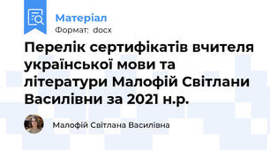 Перелік сертифікатів вчителя української мови та літератури Малофій Світлани Василівни за 2021 н.р.