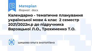 Календарно - тематичне планування  української мови 4 клас  2 семестр 2021/2022н.р до підручника Варзацької Л.О., Трохименко Т.О.