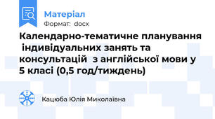 Календарно-тематичне планування  індивідуальних занять та консультацій  з англійської мови у 5 класі (0,5 год/тиждень)
