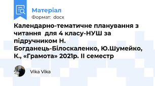 Календарно-тематичне планування з  читання  для 4 класу-НУШ за підручником Н. Богданець-Білоскаленко, Ю.Шумейко, К., «Грамота» 2021р. ІІ семестр