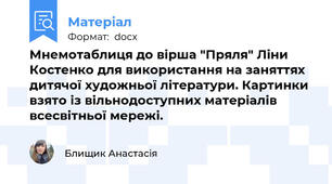 Мнемотаблиця до вірша "Пряля" Ліни Костенко для використання на заняттях дитячої художньої літератури. Картинки взято із вільнодоступних матеріалів всесвітньої мережі.