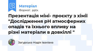 Презентація міні- проєкту з хімії "Дослідження рН атмосферних опадів та їхнього впливу на різні матеріали в довкіллі "
