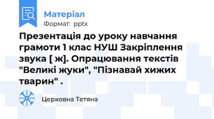 Презентація до уроку навчання грамоти 1 клас НУШ Закріплення звука [ ж]. Опрацювання текстів "Великі жуки", "Пізнавай хижих тварин" .