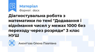 Діагностувальна робота з математики по темі "Додавання і віднімання чисел у межах 1000 без переходу через розряди" 3 клас НУШ